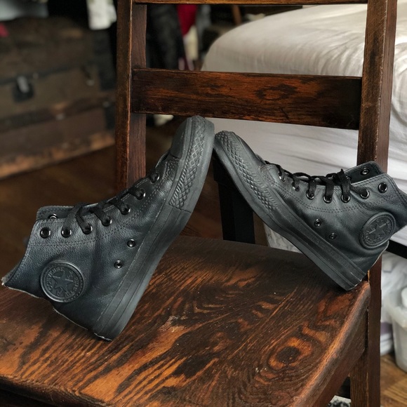 SOLD Black Leather Converse High Tops - Picture 4 of 6